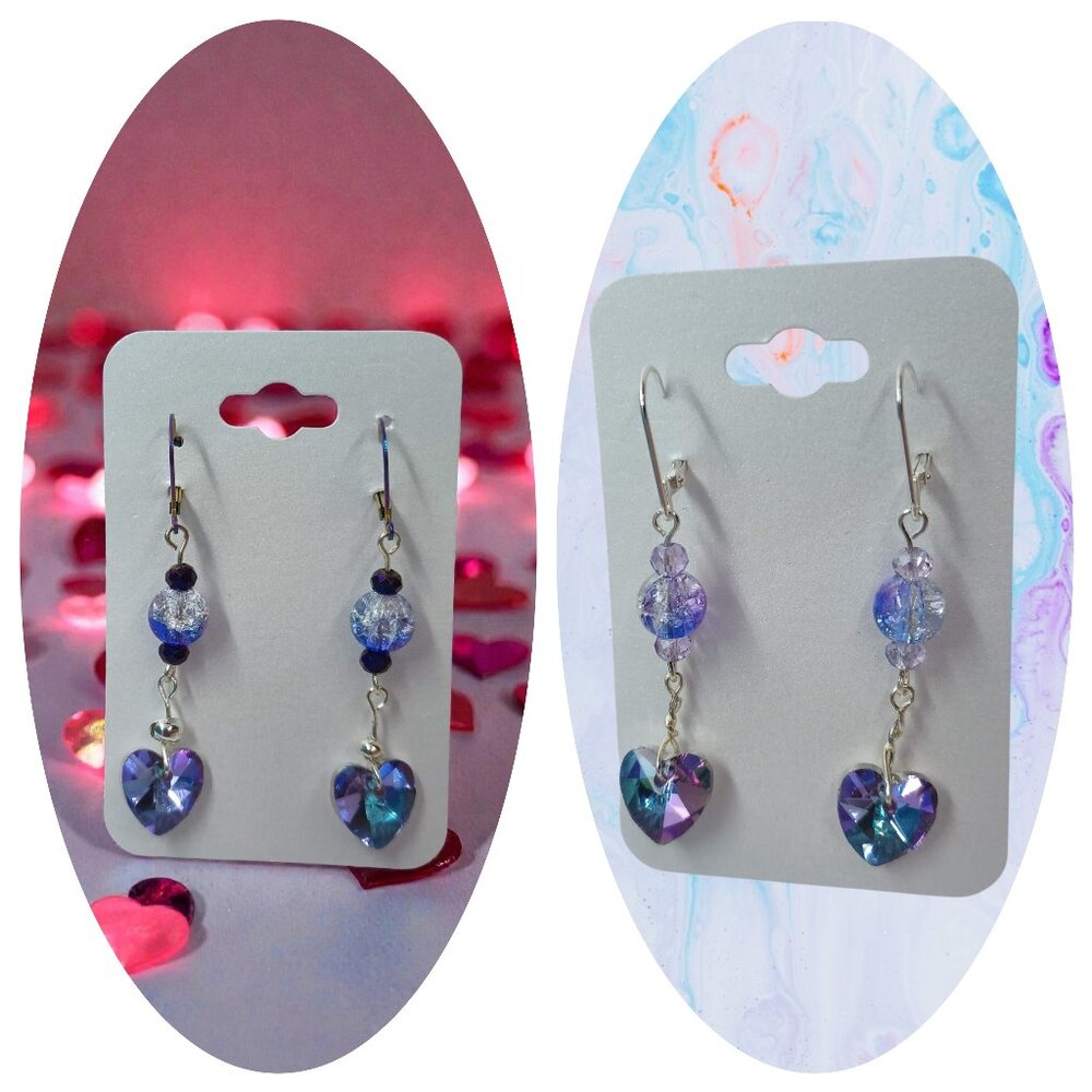 Sparkling Purple Glass Crystal Heart Earrings Light or Dark Purple Accent Beads